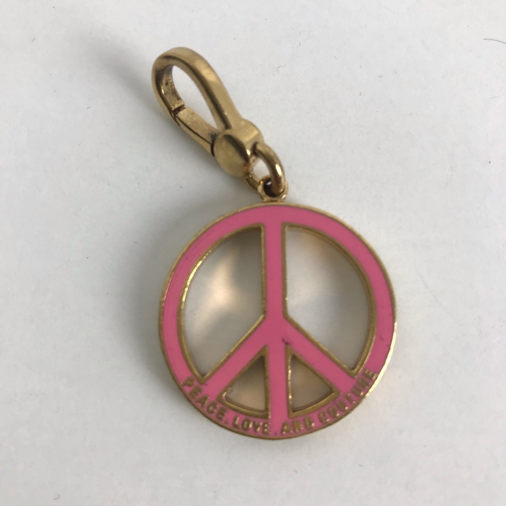 Juicy Couture Y2K Gold Tone Rhinestones Pink Peace Sign Bracelet Charm Hippie